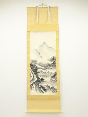 夢月筆　水墨山水　肉筆絹本掛軸（共箱）